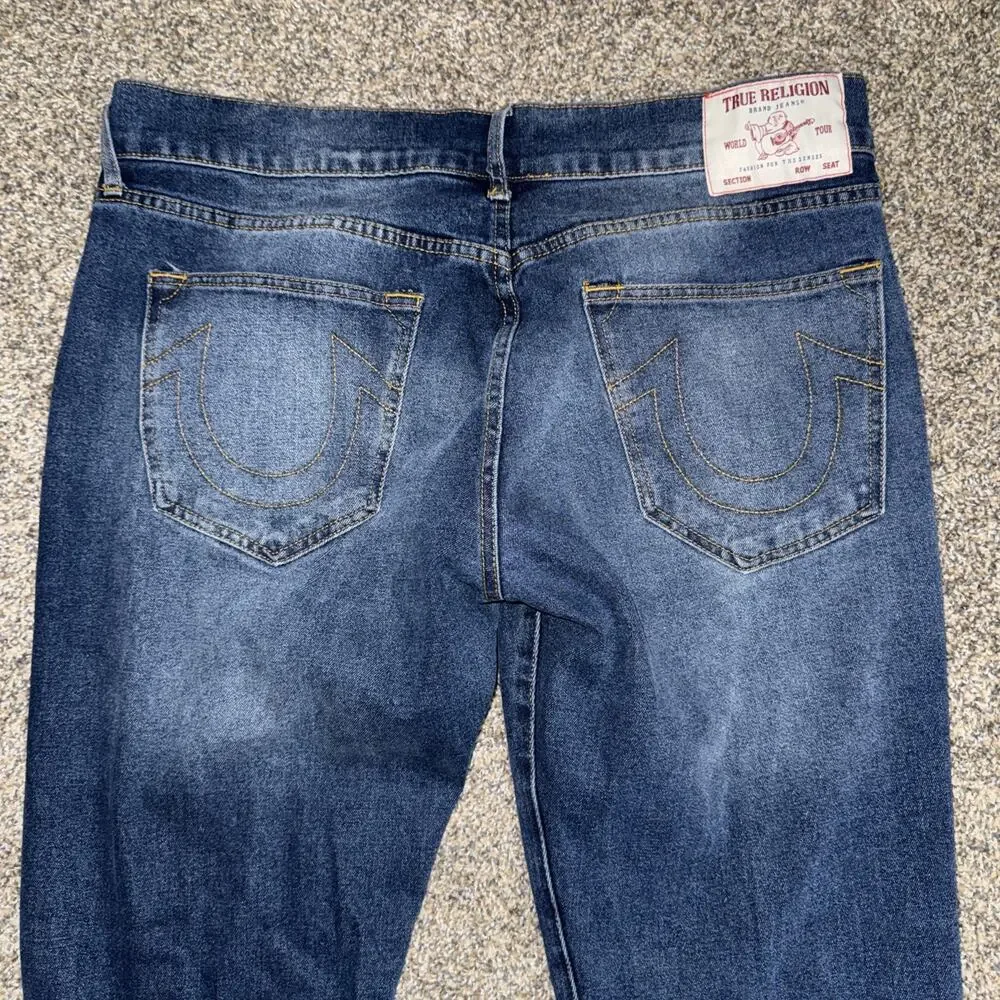 True Religion Men’s Size 36x31 Blue GENO Relaxed Slim Jeans Denim Classic Stitch